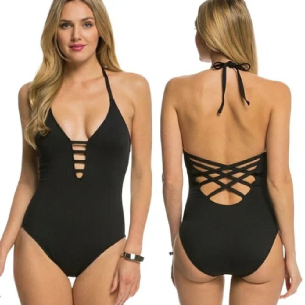 La Blanca Island Goddess Caged Keyhole Halter One-Piece Swimsuit Sz. 4 NWT